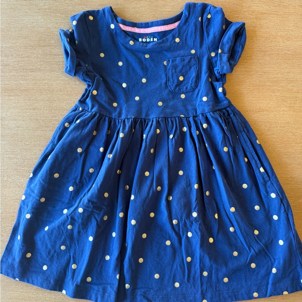 Mini Boden Navy Dress with Gold Polka Dots